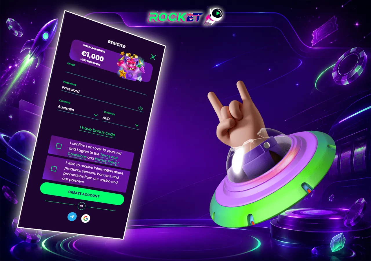 Registration form for Australian players with bonus code, account creation fields and casino signup steps